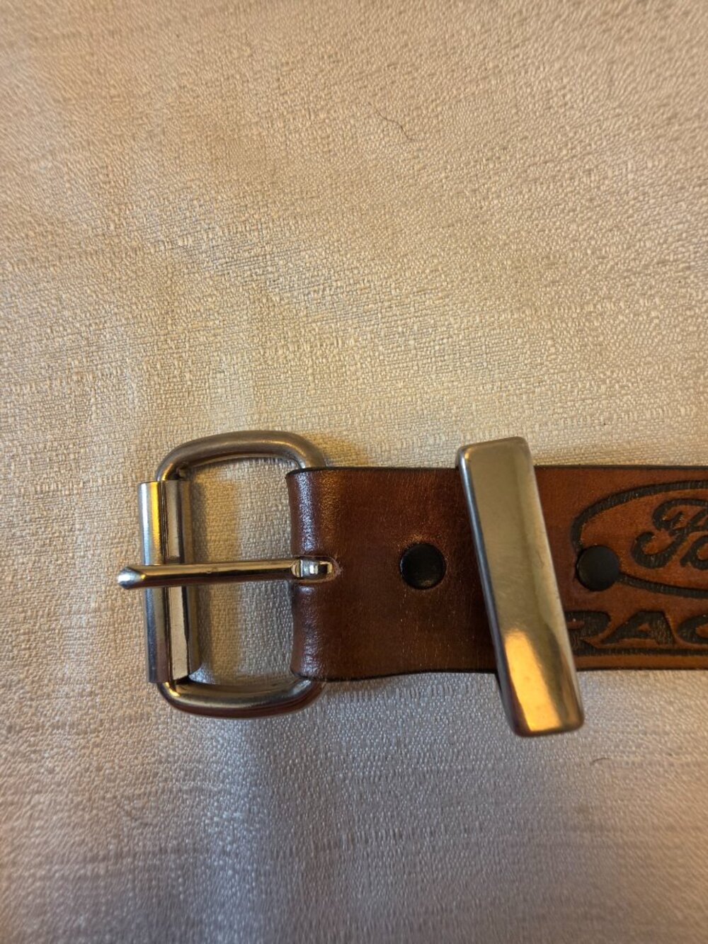 Vinrage Hand-tooled Genuine Leather Ford Racing Belt with Silver Tone Buckle - Picture 4 of 6